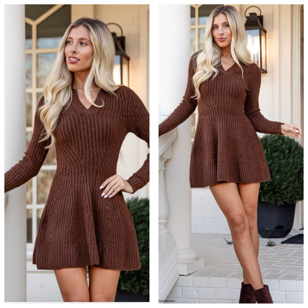 NWT Lush Brown Long Sleeve Ribbed Sweater Dress Size Medium Knit Nordstrom